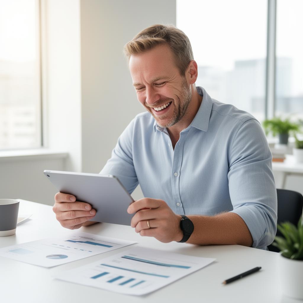 Happy business owner reviewing financial reports
